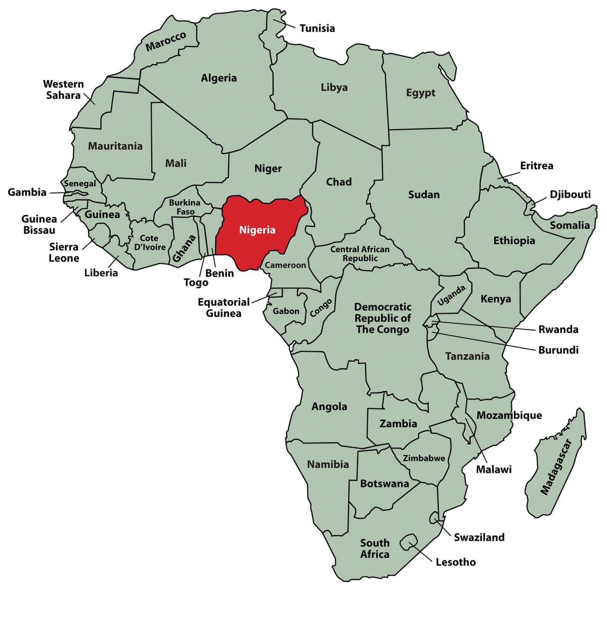 Aafrika kaart, mis näitab nigeeria