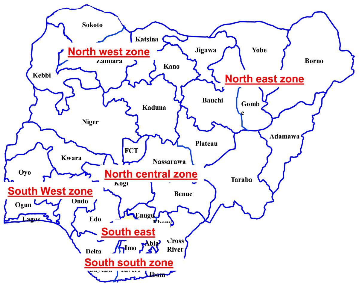 kaart nigeeria näitab kuue geopoliitilise tsoonid